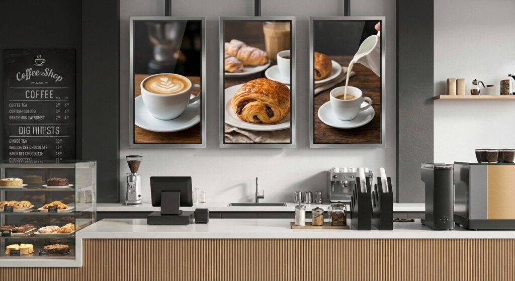 Three commercial digital displays installed safely in portrait orientation as dynamic menu boards in a modern coffee shop