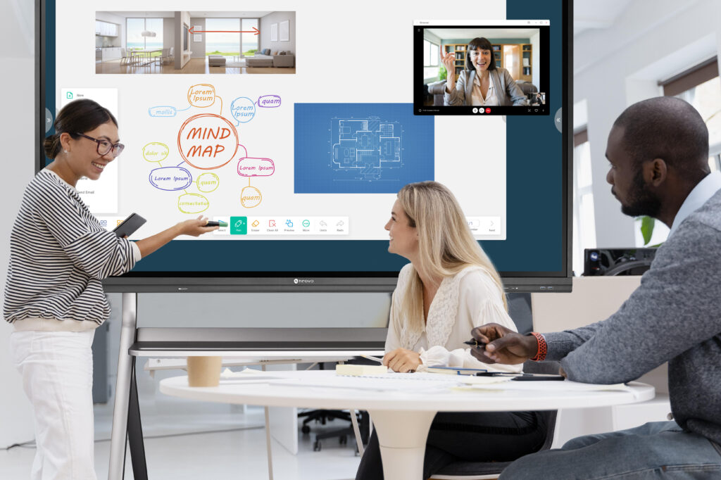 A female is annotating on Metboard interactive displays for business collaboration 