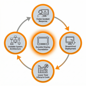 Operational value of a durable display foundation in system integration, showing a cycle of faster incident response, streamlined deployment, reduced maintenance costs, and scalable system architecture for professional surveillance networks.