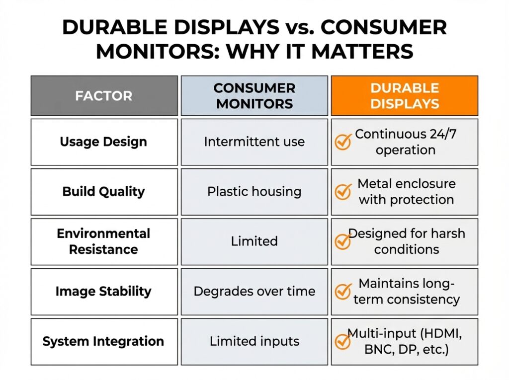 Technical comparison table of durable displays vs consumer monitors, highlighting superior factors for professional use: 24/7 continuous operation, metal enclosure protection, environmental resistance for harsh conditions, long-term image stability, and multi-input system integration (HDMI, BNC, DP).