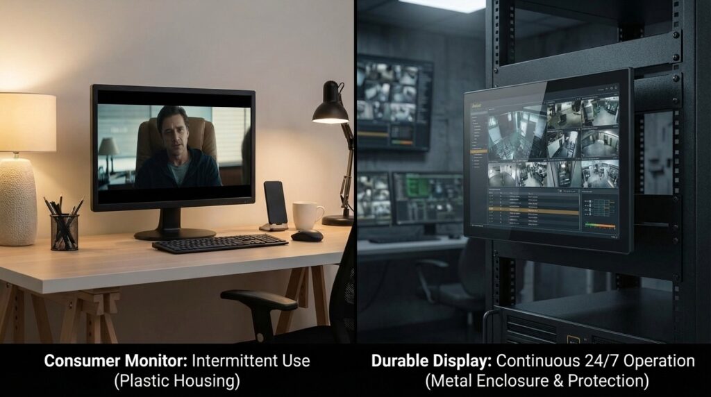 Visual comparison between a consumer monitor with plastic housing for intermittent home office use and a durable display with metal enclosure for 24/7 professional surveillance and critical infrastructure monitoring.