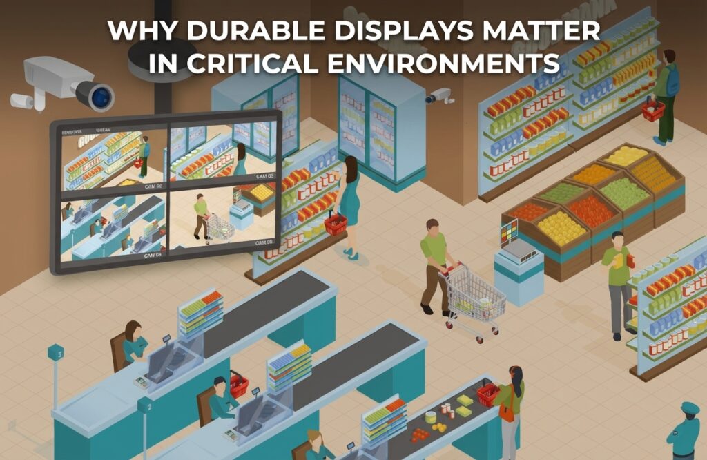 Hero banner illustrating why durable displays matter in critical environments, showcasing continuous 24/7 video surveillance and operational monitoring in a high-traffic retail setting.