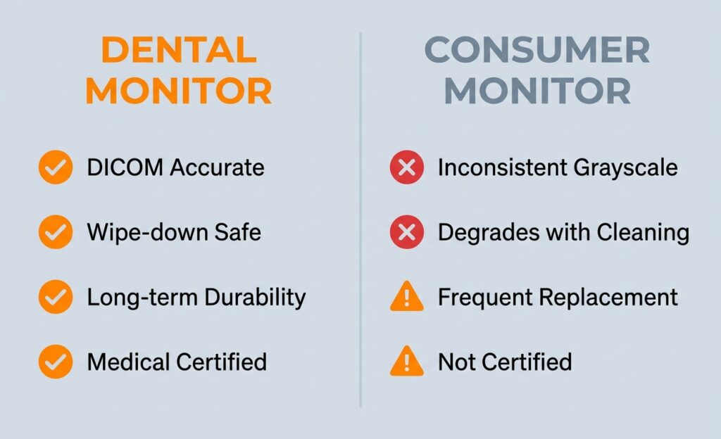 A branded infographic comparing dental monitors (orange checkmarks: DICOM Accurate, Wipe-down Safe, Long-term Durability, Medical Certified) to consumer monitors (red Xs/warnings: Inconsistent Grayscale, Degrades with Cleaning, Frequent Replacement, Not Certified).