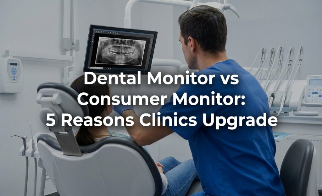Dentist in a modern clinic viewing a panoramic X-ray on a professional medical monitor, with the blog title "Dental Monitor vs Consumer Monitor: 5 Reasons Clinics Upgrade" overlaid.