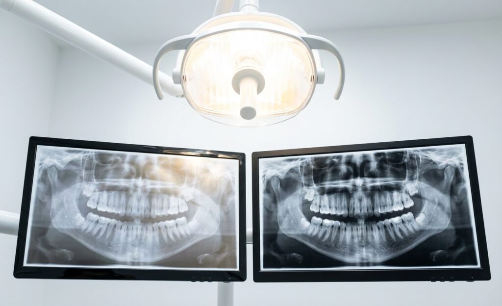 A standard glossy monitor with glare under a bright surgical light, compared to a professional dental monitor showing a clear image.