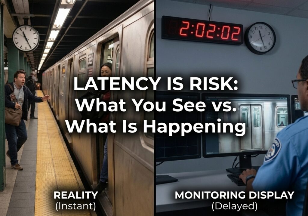 A split-screen comparison illustrating video latency: the left side shows a passenger boarding a train in "Reality (Instant)," while the right shows a security operator viewing a "Monitoring Display (Delayed)." The overlay reads, "Latency is Risk: What You See vs. What Is Happening