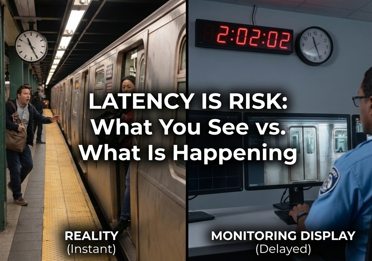 A split-screen comparison illustrating video latency: the left side shows a passenger boarding a train in 