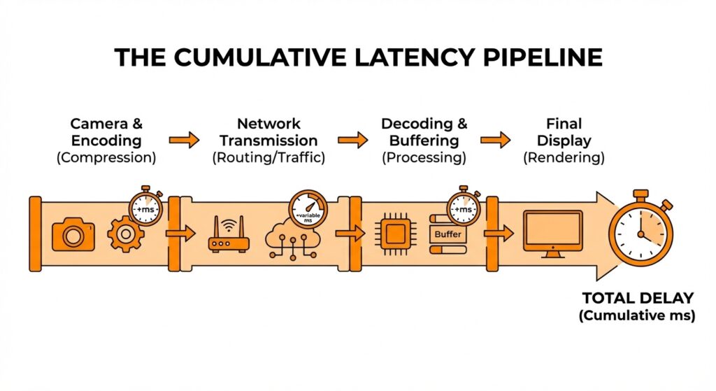 An infographic of "The Cumulative Latency Pipeline," showing the four stages of video delay: Camera & Encoding (Compression), Network Transmission (Routing/Traffic), Decoding & Buffering (Processing), and Final Display (Rendering), resulting in Total Delay (Cumulative ms)