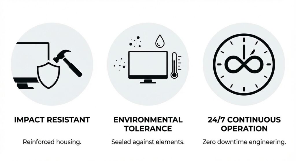 Infographic showing three key reliability features of AG Neovo displays: Impact Resistant with reinforced housing, Environmental Tolerance sealed against elements, and 24/7 Continuous Operation for zero downtime engineering.