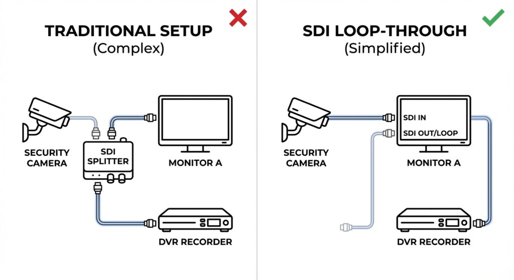 A technical comparison between a complex traditional setup using an external SDI splitter and a simplified SDI loop-through configuration on an AG Neovo monitor.