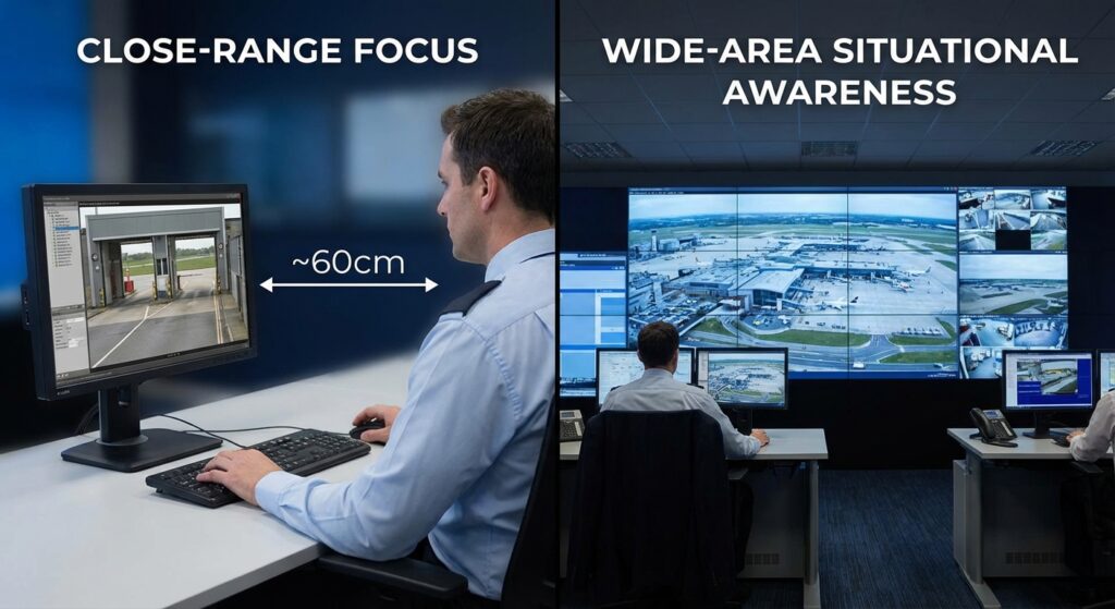 Side-by-side comparison of monitoring setups: close-range focus at 60cm on a single workstation and wide-area situational awareness using a large-scale video wall in a surveillance room.