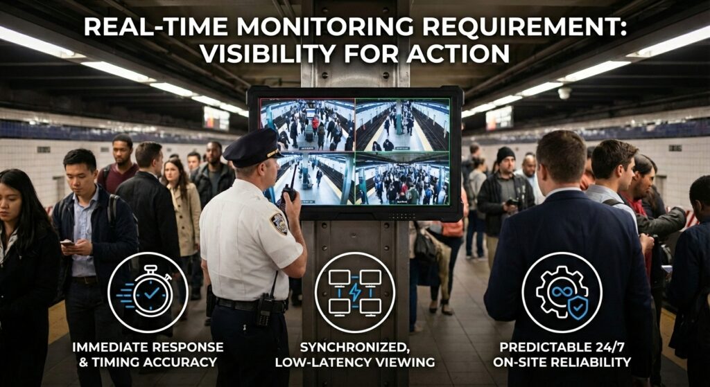 An SDI display, showing a quad-view security camera feed, is mounted in a bustling metro station. A security officer uses a radio beside it. Below, three icons highlight key features: "Immediate Response & Timing Accuracy," "Synchronized, Low-Latency Viewing," and "Predictable 24/7 On-site Reliability." The headline reads, "Real-Time Monitoring Requirement: Visibility for Action."