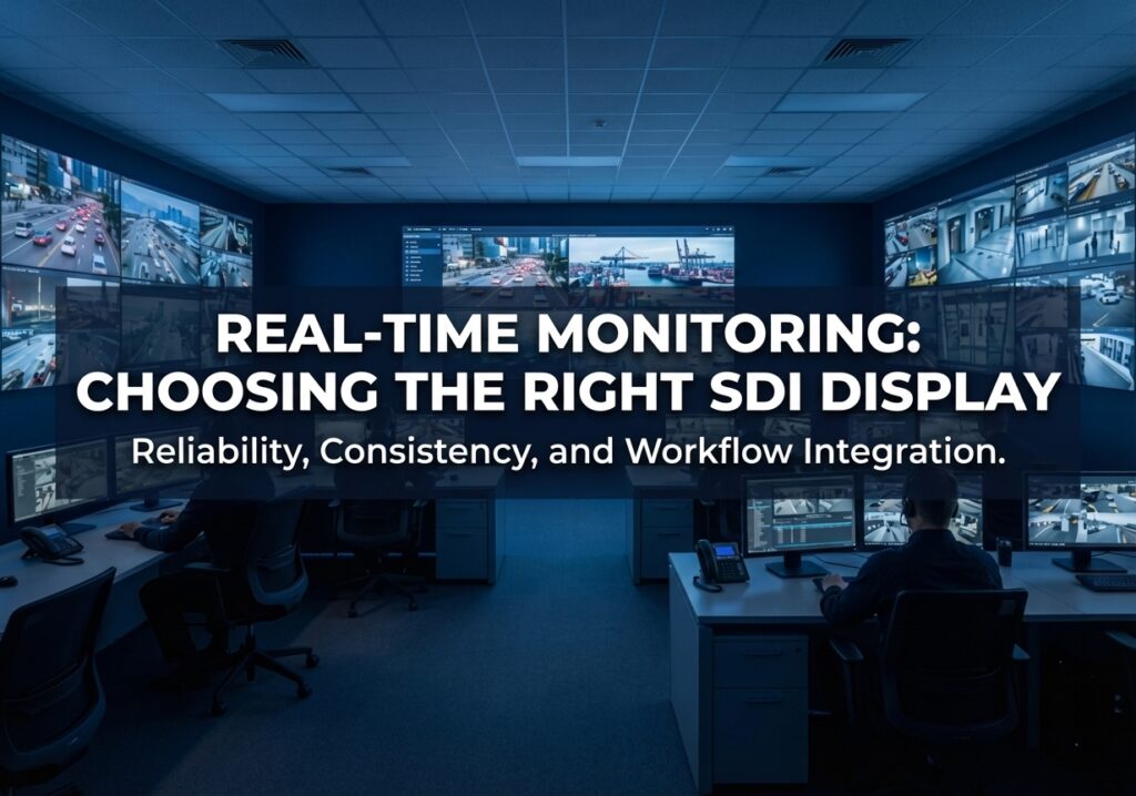 A professional security command centre featuring AG Neovo SDI displays showing multi-camera real-time surveillance, with the headline "Real-Time Monitoring: Choosing the Right SDI Display.