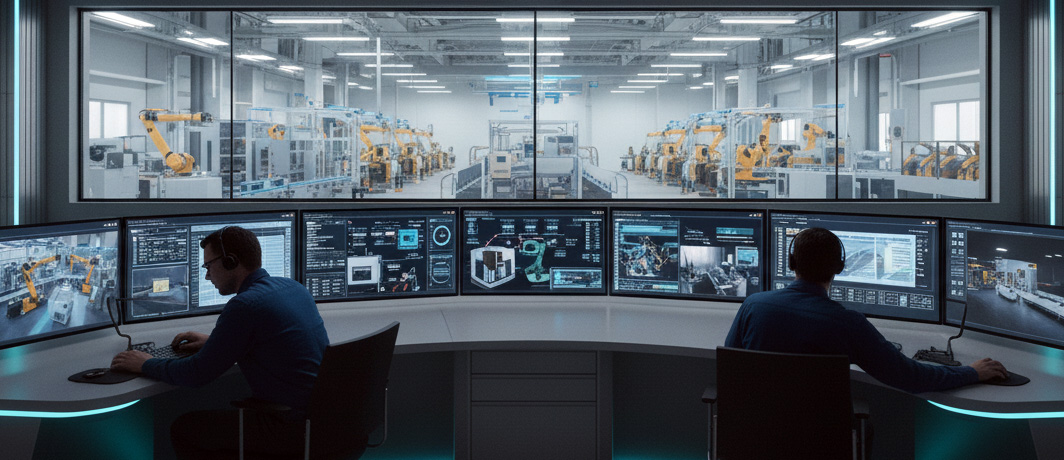 Factory operators using 4K multiview displays to monitor automated manufacturing processes in an industrial control room.