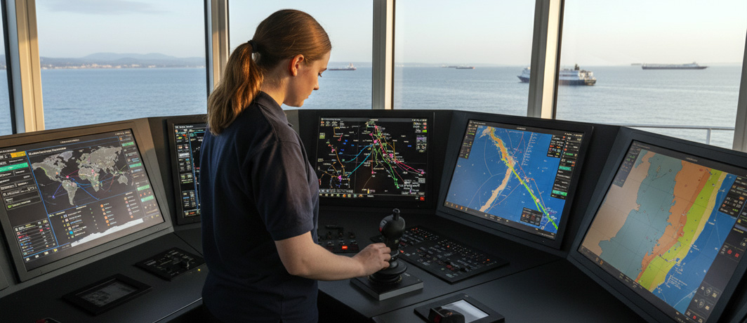 Maritime officer navigating a vessel using multiple input displays on a marine bridge console.