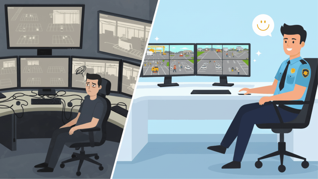 Before and after comparison of a security control room. Left shows an exhausted operator overwhelmed by a messy multi-monitor setup and cable clutter. Right shows a smiling operator efficiently managing multiple video sources using two neat professional multi-input displays.