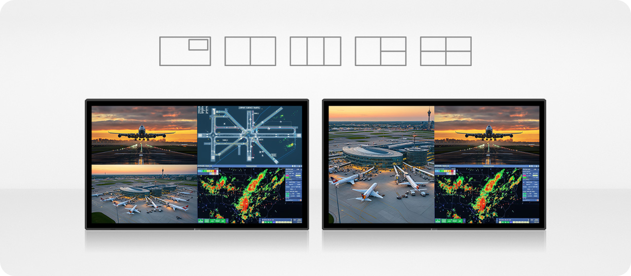 Examples of adaptive viewing layouts including Picture-in-Picture and quad-view on AG Neovo 4K multiview displays for aviation monitoring.