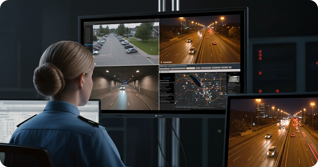 Female surveillance operator viewing a 4K multiple input display with a quad-view layout, showing live traffic and map data without external switchers.