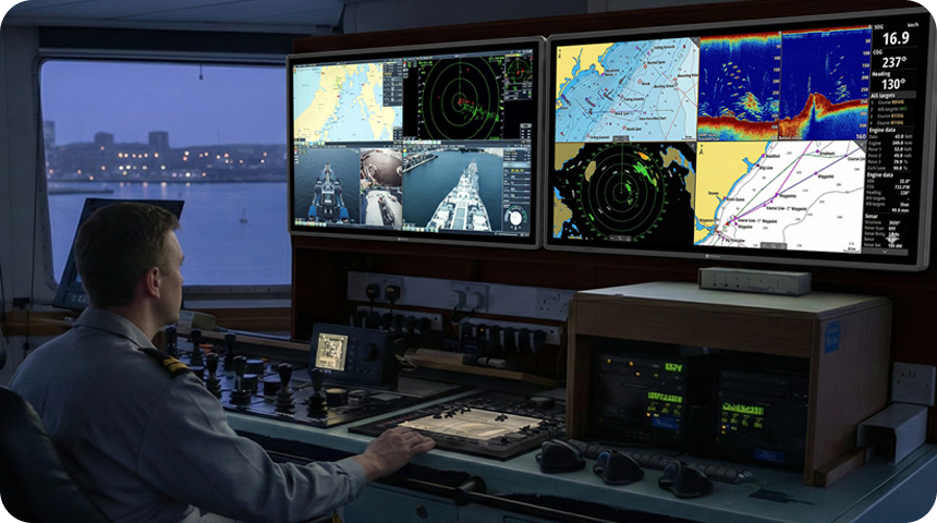 A man is looking at professional marine display monitors used for high-definition data visualization and auxiliary monitoring in a maritime command center.