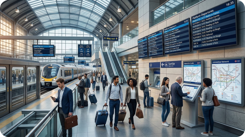 AG Neovo transportation display solutions in a modern train station, featuring large passenger information display systems (PIDS) and interactive wayfinding kiosks.