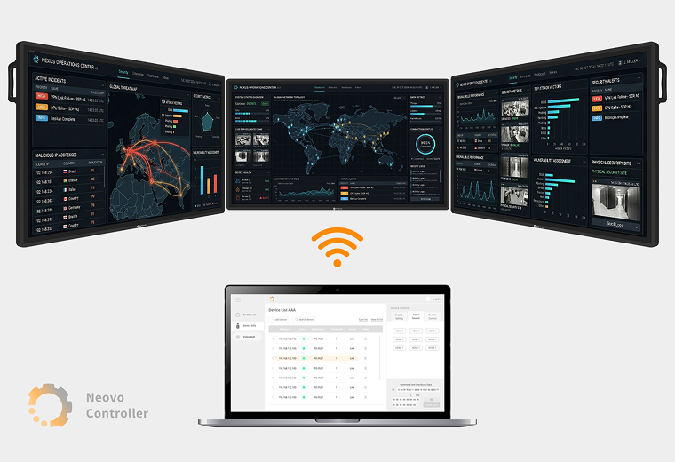 AG Neovo TTN Series displays demonstrating centralized control and remote monitoring via LAN and RS-232 using Neovo Controller software