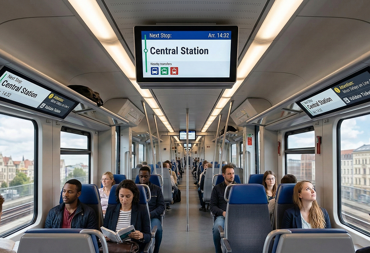 AG Neovo onboard passenger information display systems (PIDS) showing next-stop route guidance inside a modern train carriage.
