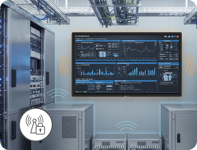 AG Neovo TTN Series display demonstrating EMI-conscious shielding against electromagnetic noise in a server room environment